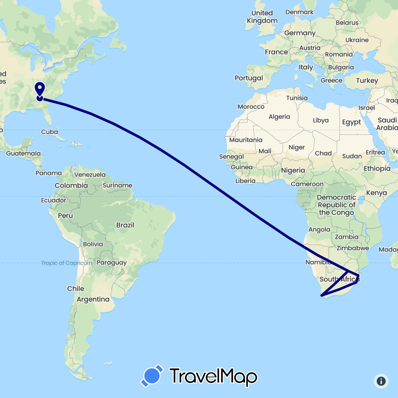 TravelMap itinerary: driving in United States, South Africa (Africa, North America)