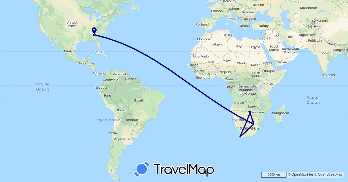 TravelMap itinerary: driving in Botswana, United States, South Africa, Zimbabwe (Africa, North America)