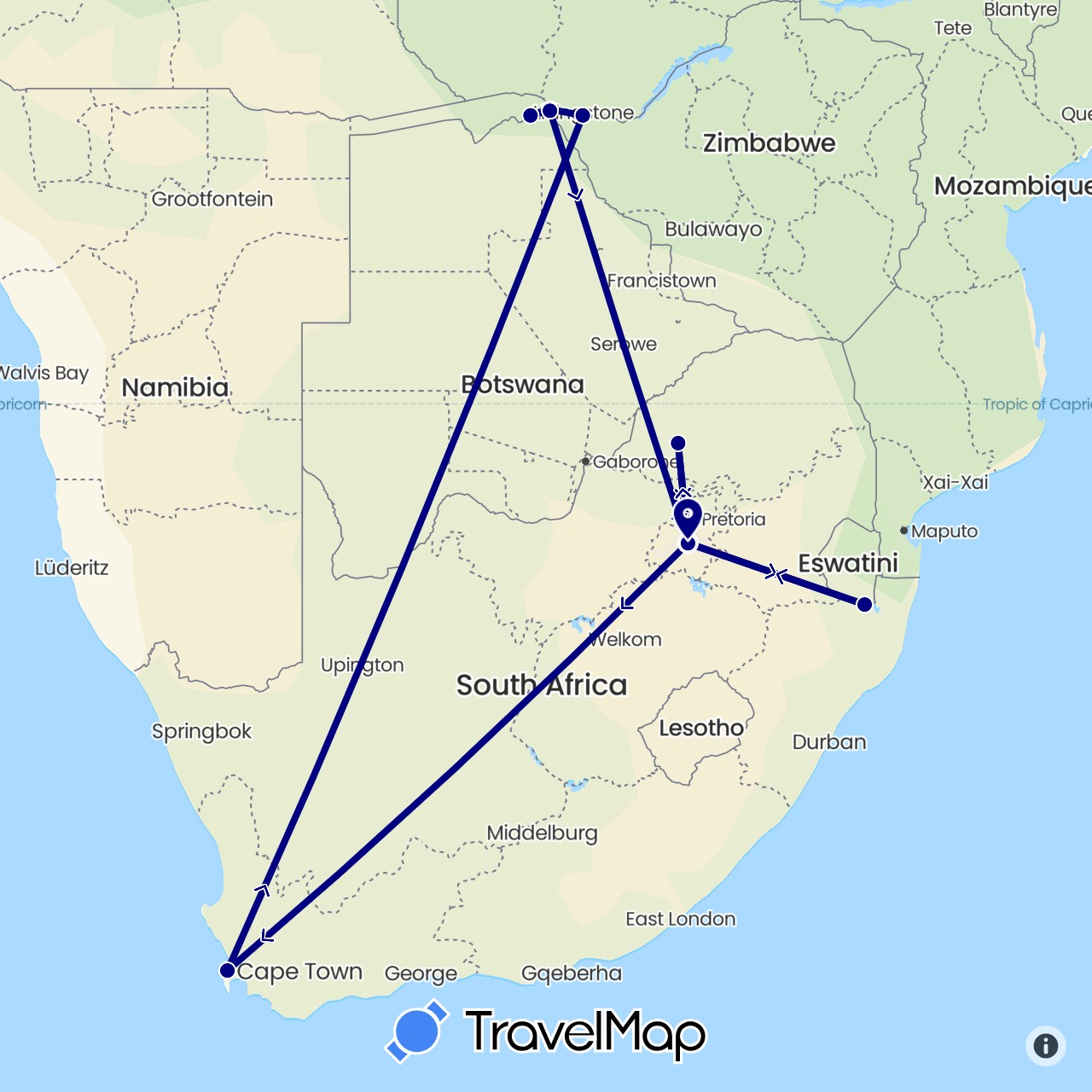 TravelMap itinerary: driving in Botswana, South Africa, Zimbabwe (Africa)