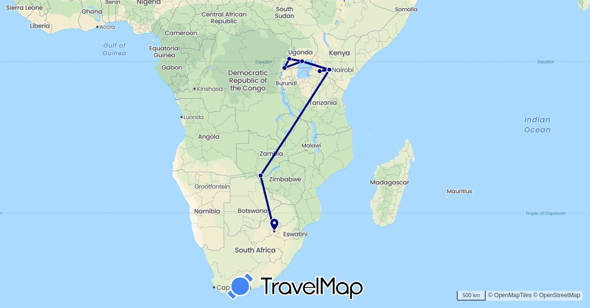 TravelMap itinerary: driving in Kenya, Uganda, South Africa, Zimbabwe (Africa)