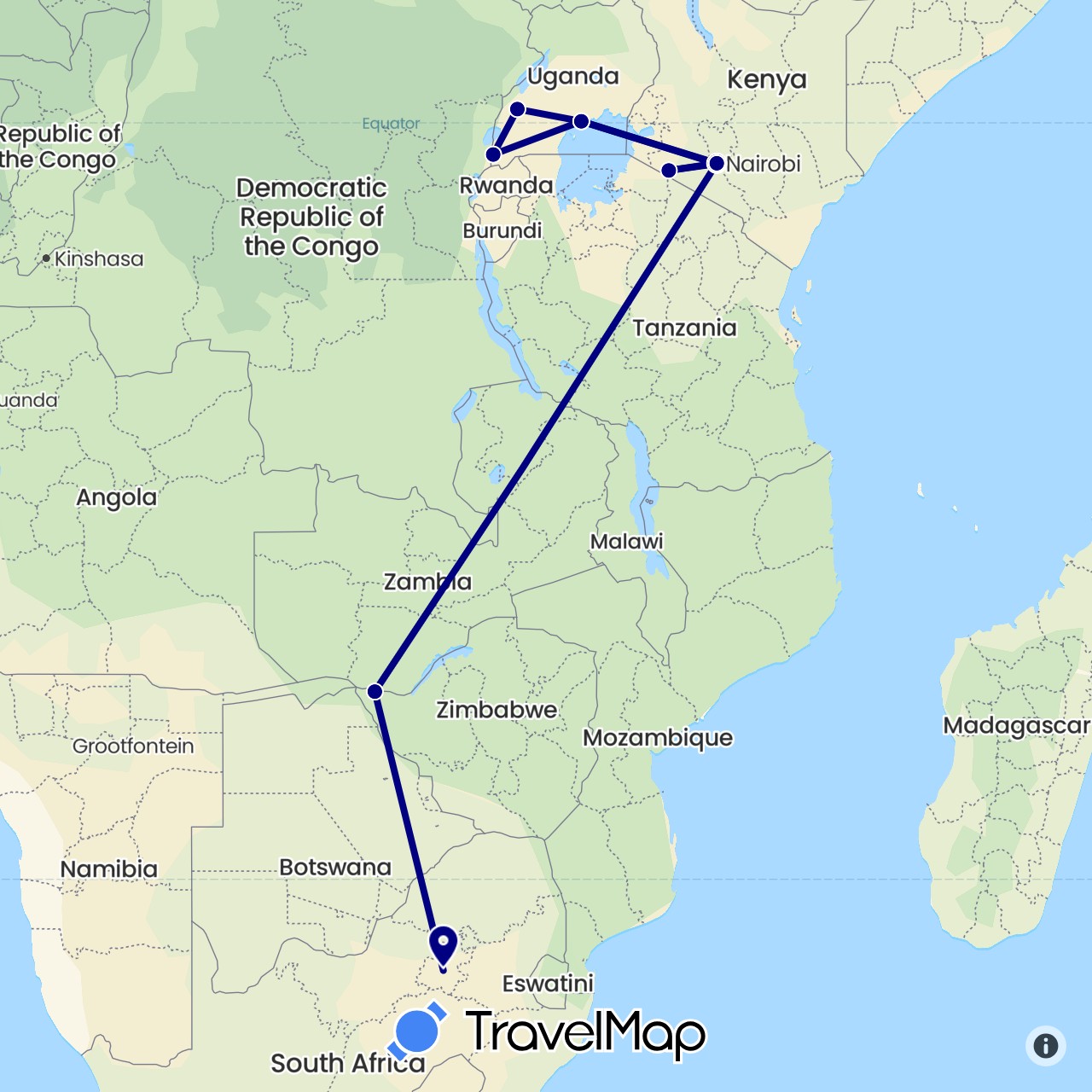 TravelMap itinerary: driving in Kenya, Uganda, South Africa, Zimbabwe (Africa)