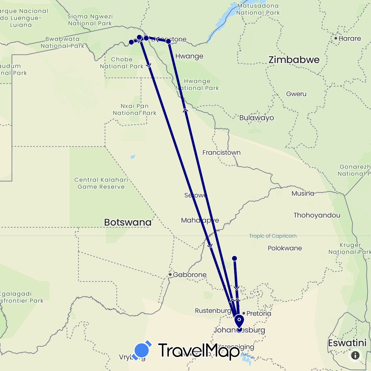 TravelMap itinerary: driving in Botswana, South Africa, Zimbabwe (Africa)