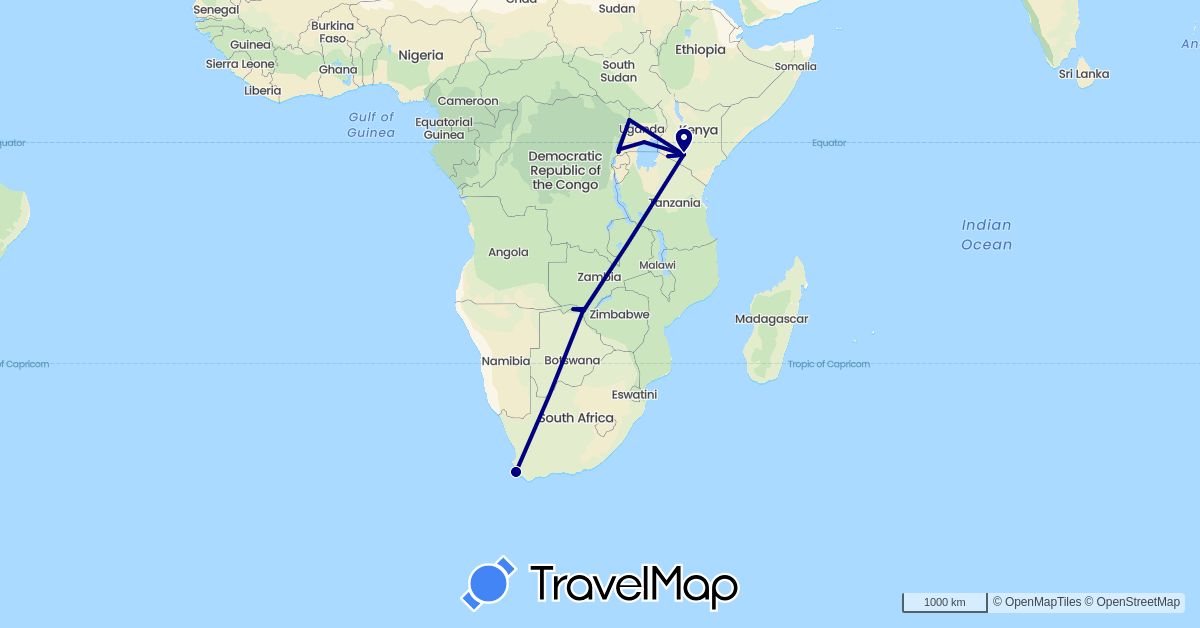 TravelMap itinerary: driving in Botswana, Kenya, Uganda, South Africa, Zimbabwe (Africa)