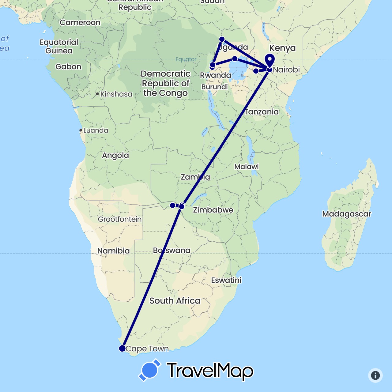 TravelMap itinerary: driving in Botswana, Kenya, Uganda, South Africa, Zimbabwe (Africa)