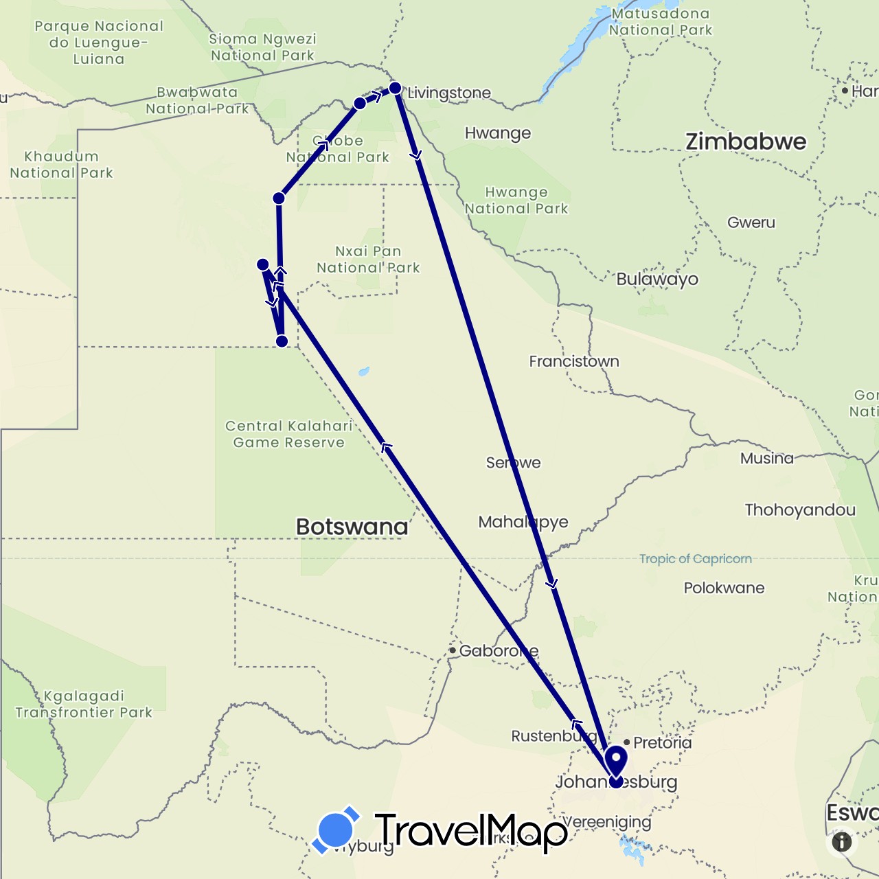 TravelMap itinerary: driving in Botswana, South Africa (Africa)