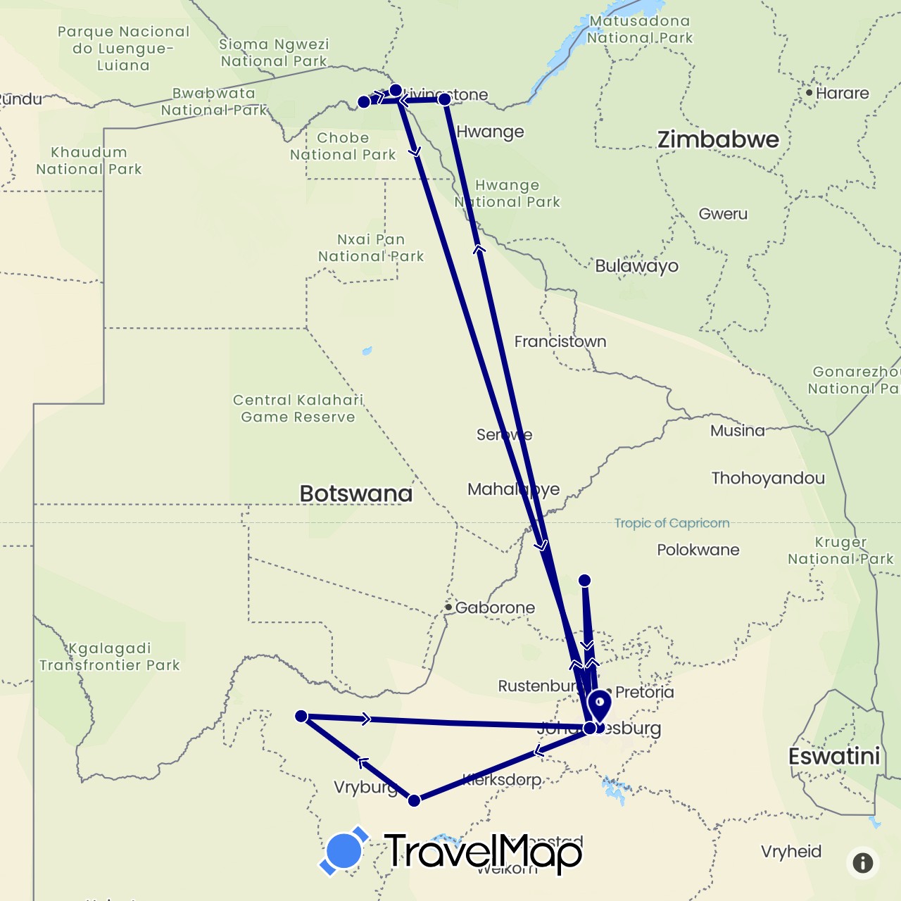TravelMap itinerary: driving in Botswana, South Africa, Zimbabwe (Africa)