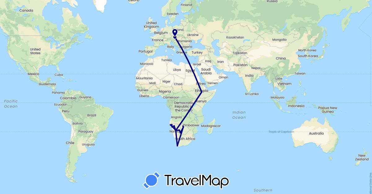 TravelMap itinerary: driving in Austria, Botswana, Ethiopia, Namibia, South Africa (Africa, Europe)