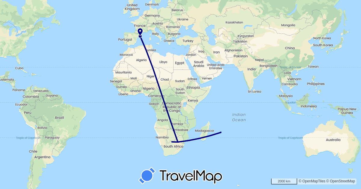 TravelMap itinerary: driving in Spain, Mauritius, South Africa (Africa, Europe)