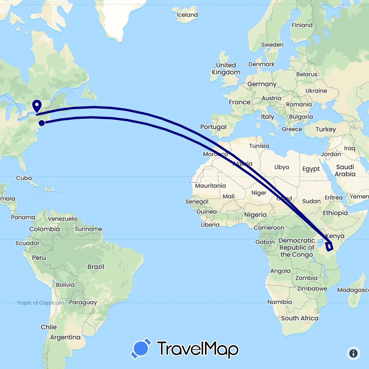TravelMap itinerary: driving in Kenya, Tanzania, United States (Africa, North America)