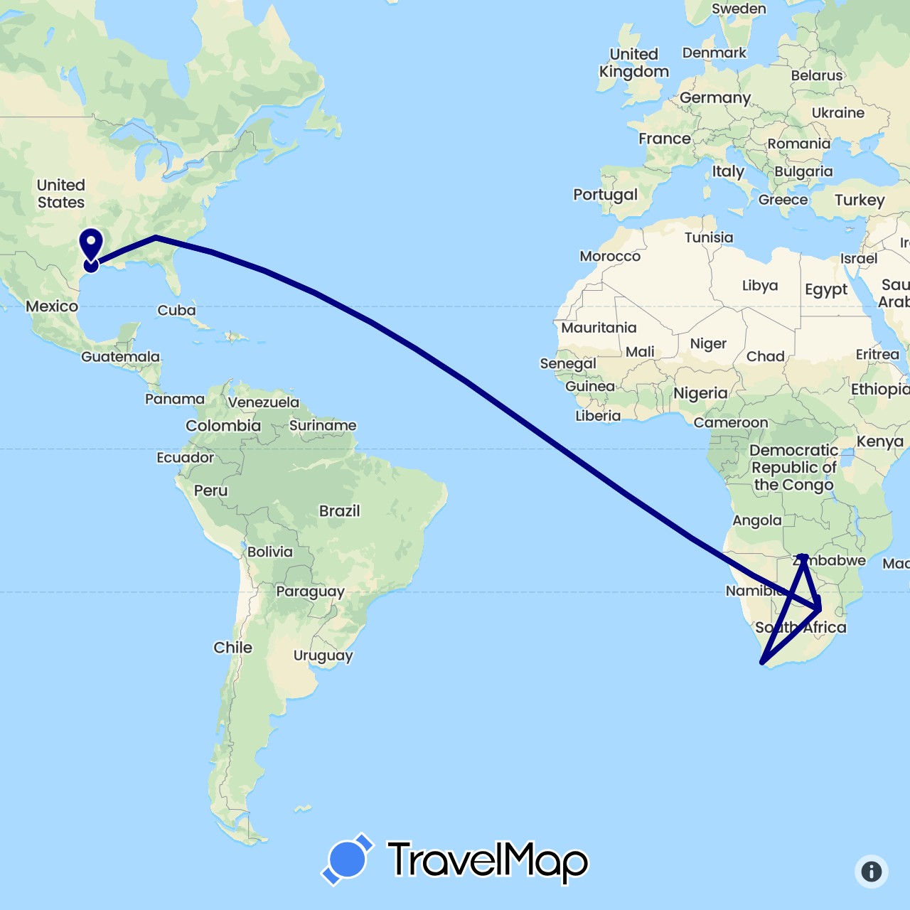 TravelMap itinerary: driving in Botswana, United States, South Africa, Zimbabwe (Africa, North America)