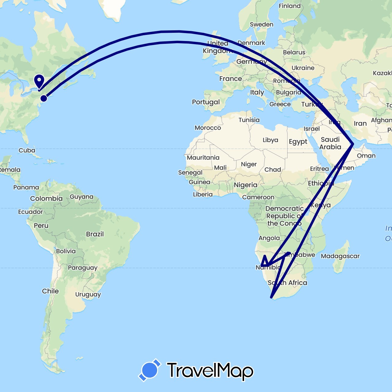 TravelMap itinerary: driving in Botswana, Namibia, Qatar, United States, South Africa, Zimbabwe (Africa, Asia, North America)