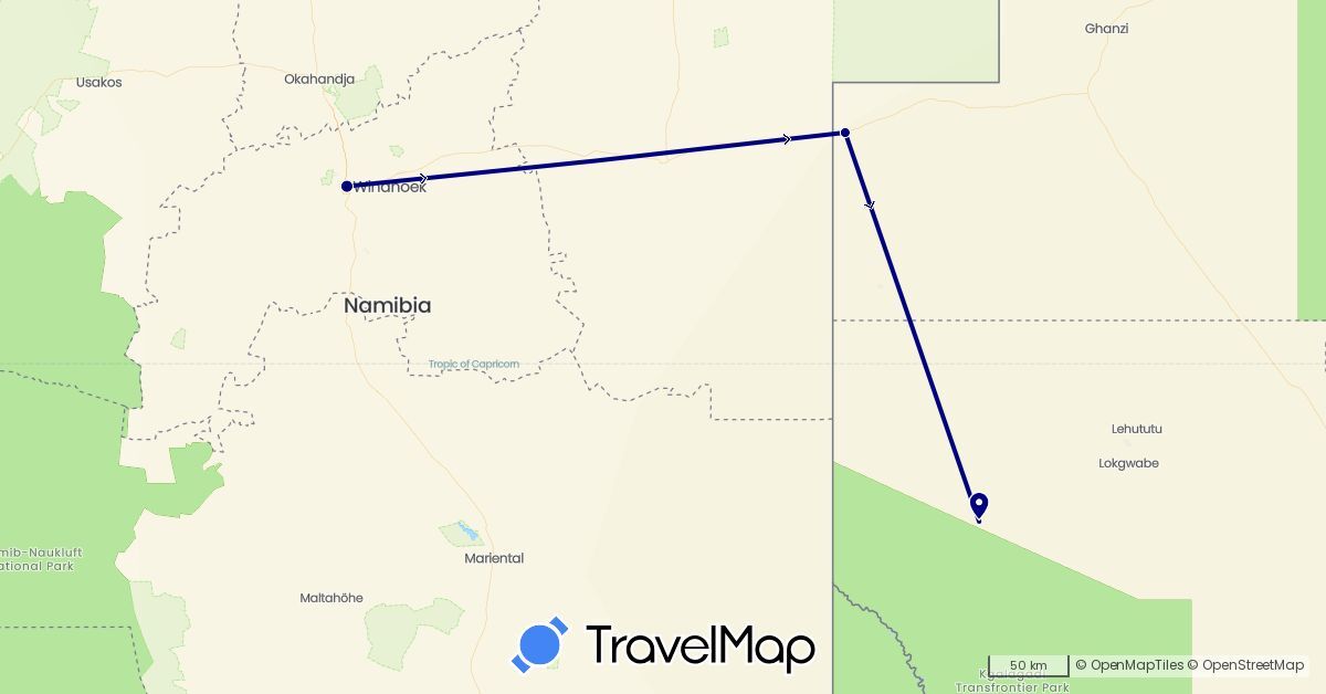 TravelMap itinerary: driving in Botswana, Namibia (Africa)