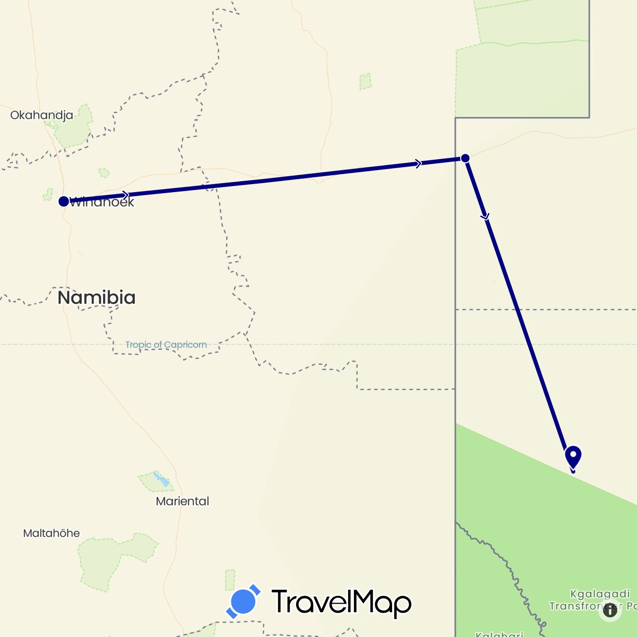 TravelMap itinerary: driving in Botswana, Namibia (Africa)