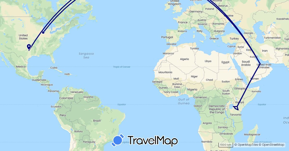 TravelMap itinerary: driving in Kenya, Qatar, Tanzania, United States, South Africa (Africa, Asia, North America)