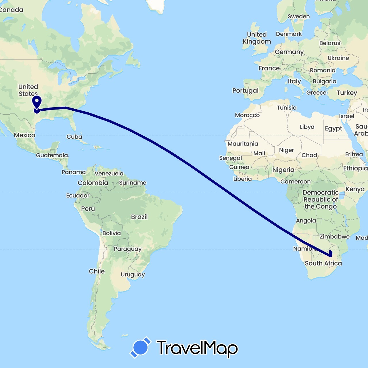 TravelMap itinerary: driving in United States, South Africa (Africa, North America)