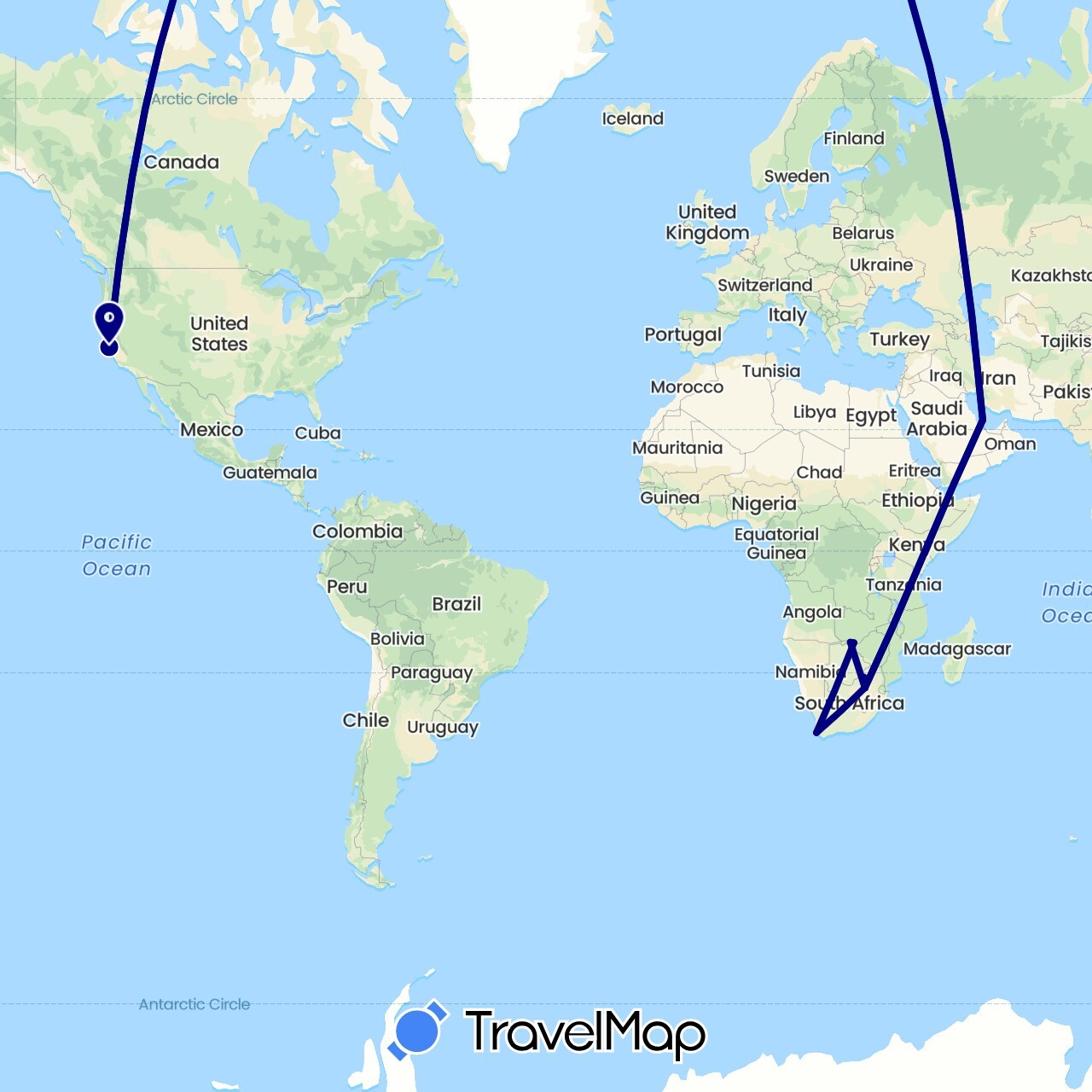 TravelMap itinerary: driving in Botswana, Namibia, Qatar, United States, South Africa, Zimbabwe (Africa, Asia, North America)