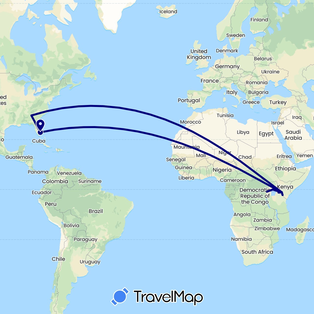 TravelMap itinerary: driving in Kenya, Uganda, United States (Africa, North America)