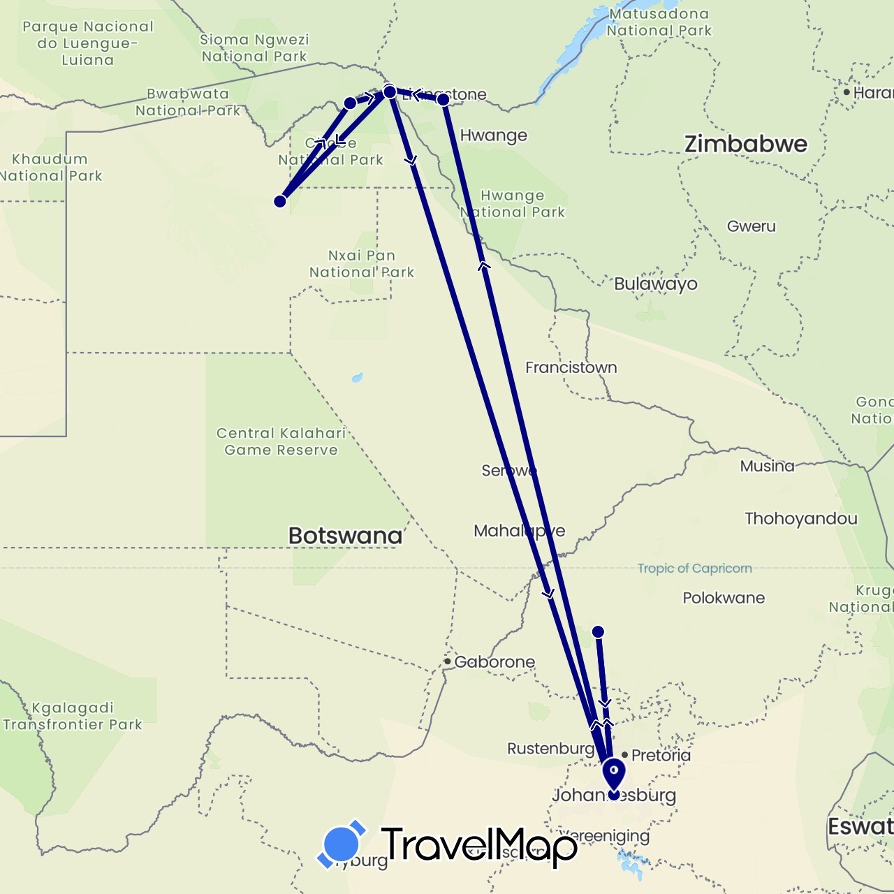 TravelMap itinerary: driving in Botswana, South Africa, Zimbabwe (Africa)
