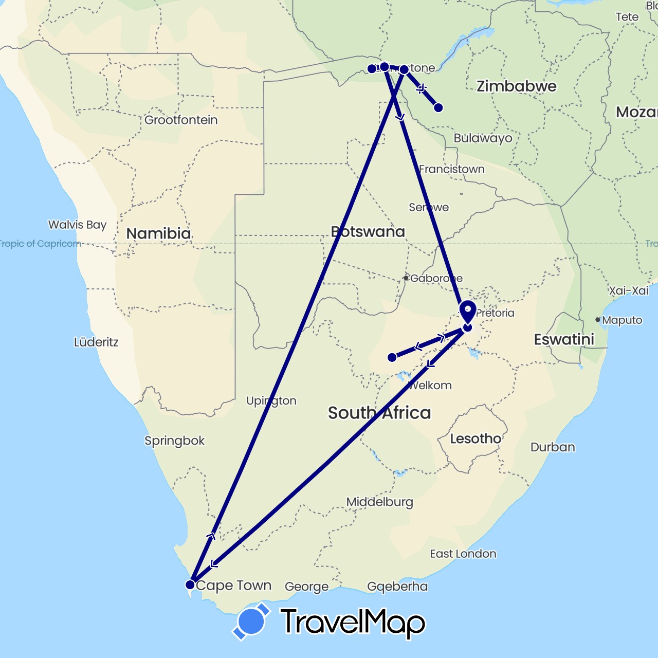 TravelMap itinerary: driving in Botswana, Namibia, South Africa, Zimbabwe (Africa)