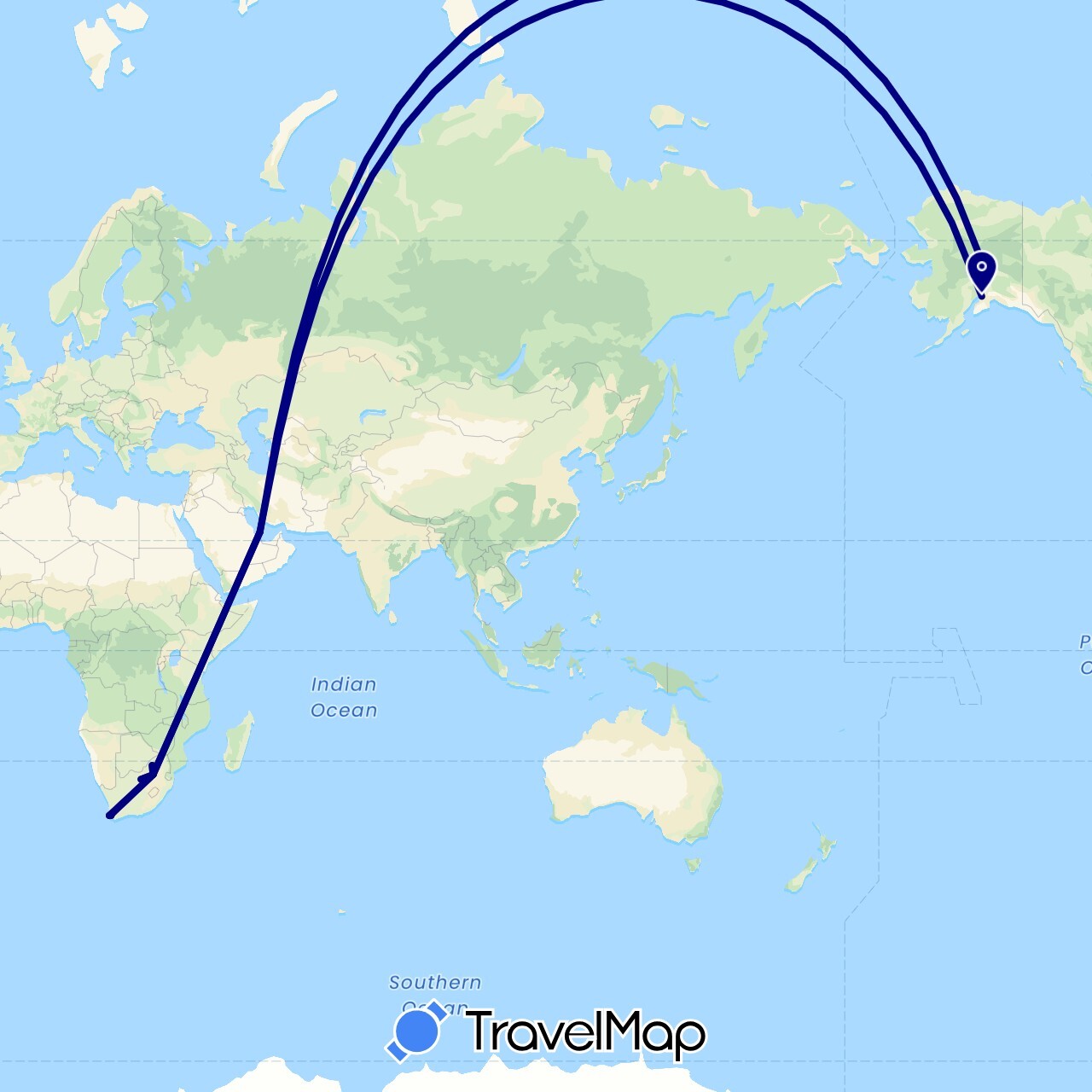 TravelMap itinerary: driving in Qatar, United States, South Africa (Africa, Asia, North America)
