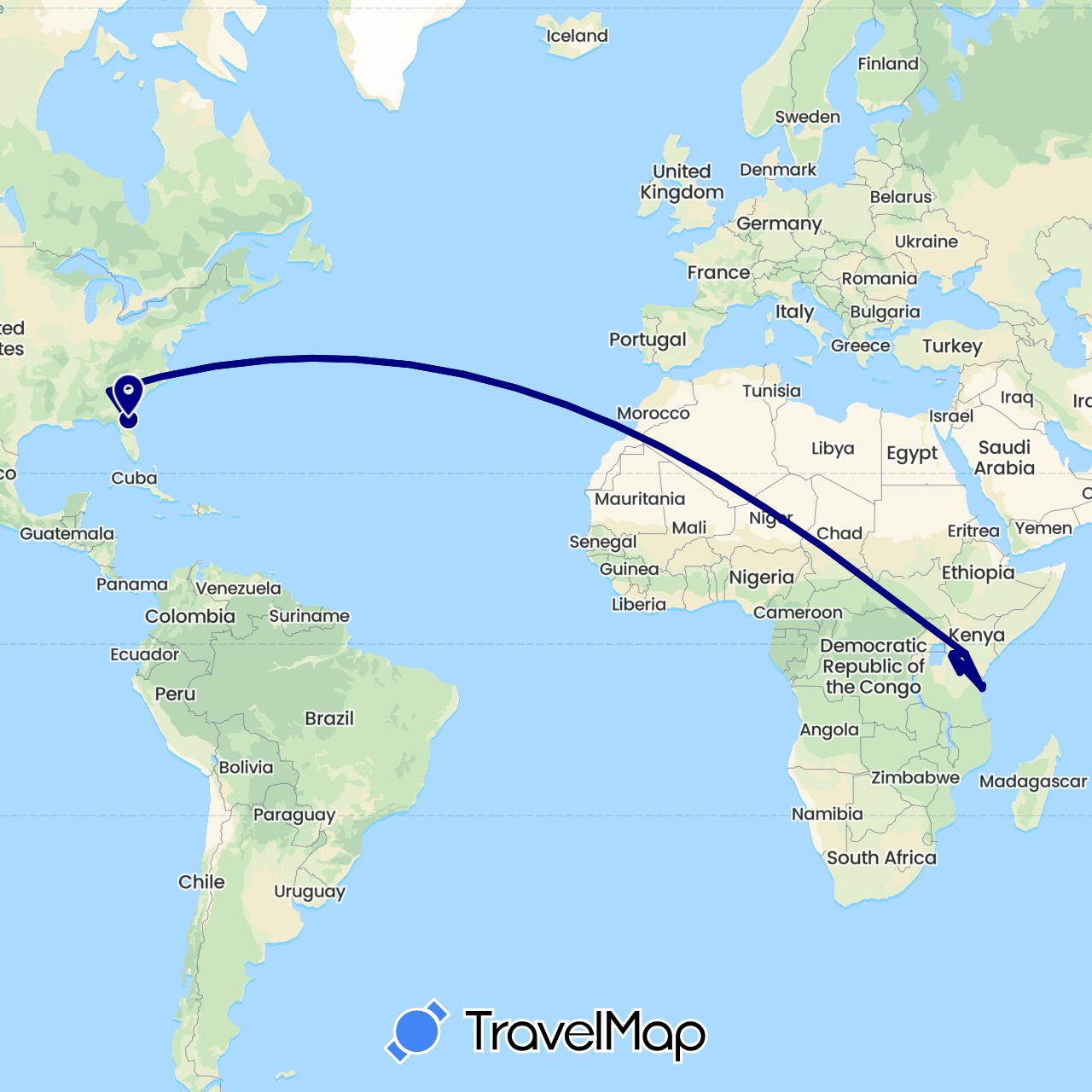 TravelMap itinerary: driving in Kenya, Tanzania, United States (Africa, North America)