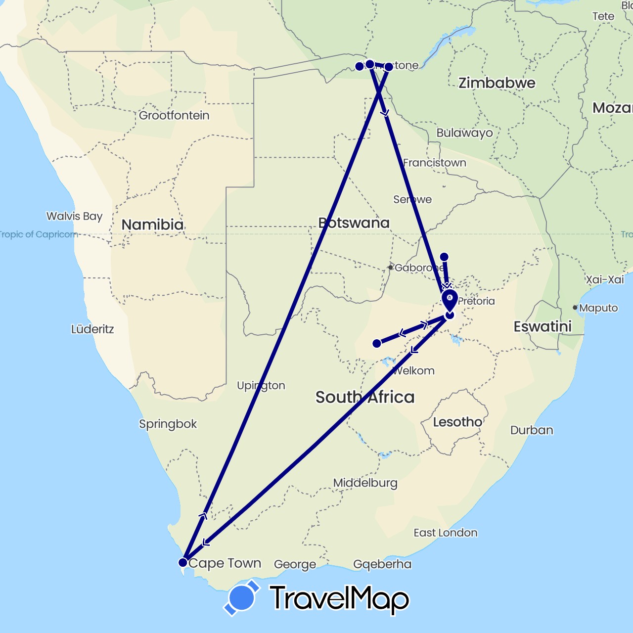 TravelMap itinerary: driving in Botswana, South Africa, Zimbabwe (Africa)