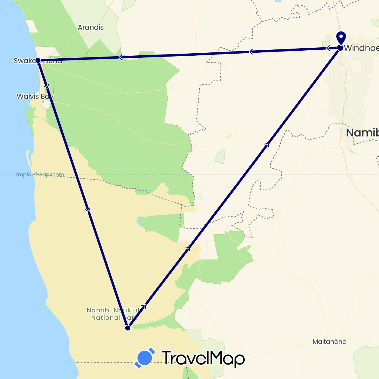 TravelMap itinerary: driving in Namibia (Africa)