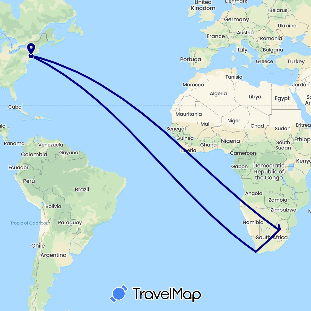 TravelMap itinerary: driving in United States, South Africa (Africa, North America)