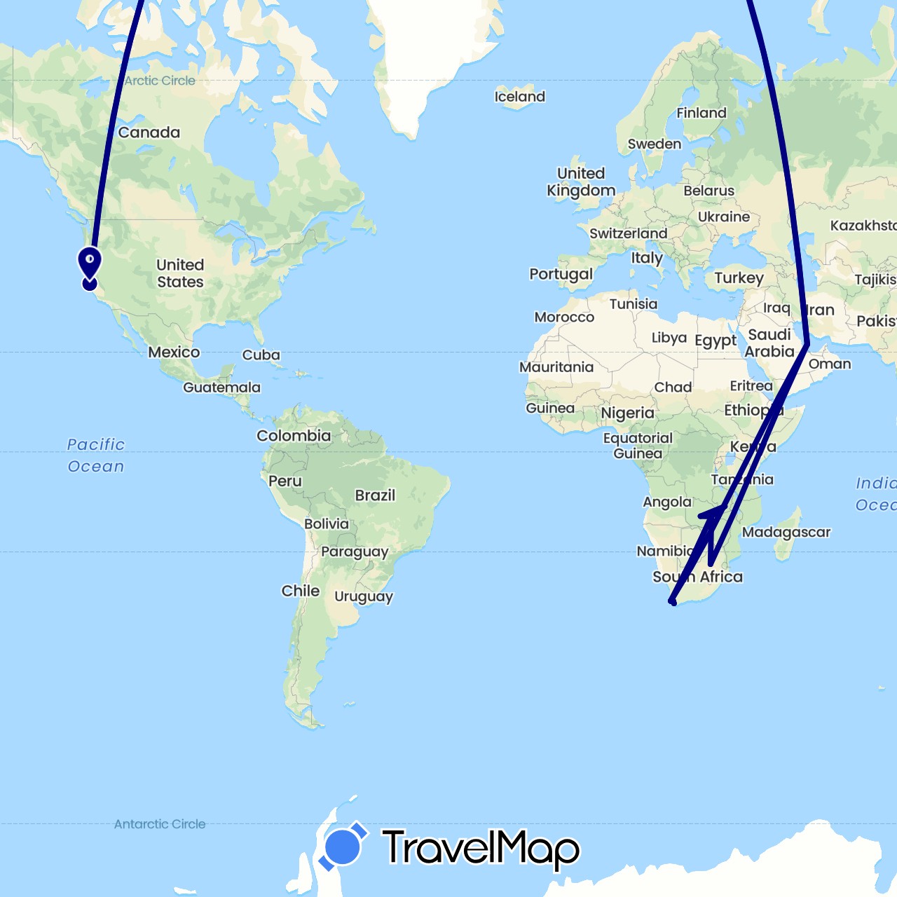 TravelMap itinerary: driving in Qatar, United States, South Africa, Zambia (Africa, Asia, North America)