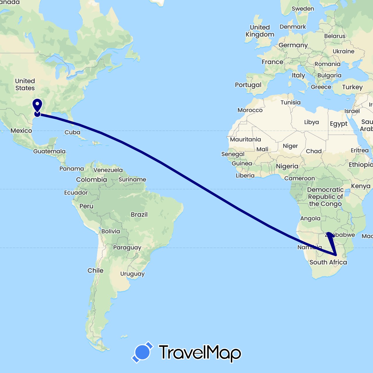 TravelMap itinerary: driving in Botswana, United States, South Africa, Zimbabwe (Africa, North America)