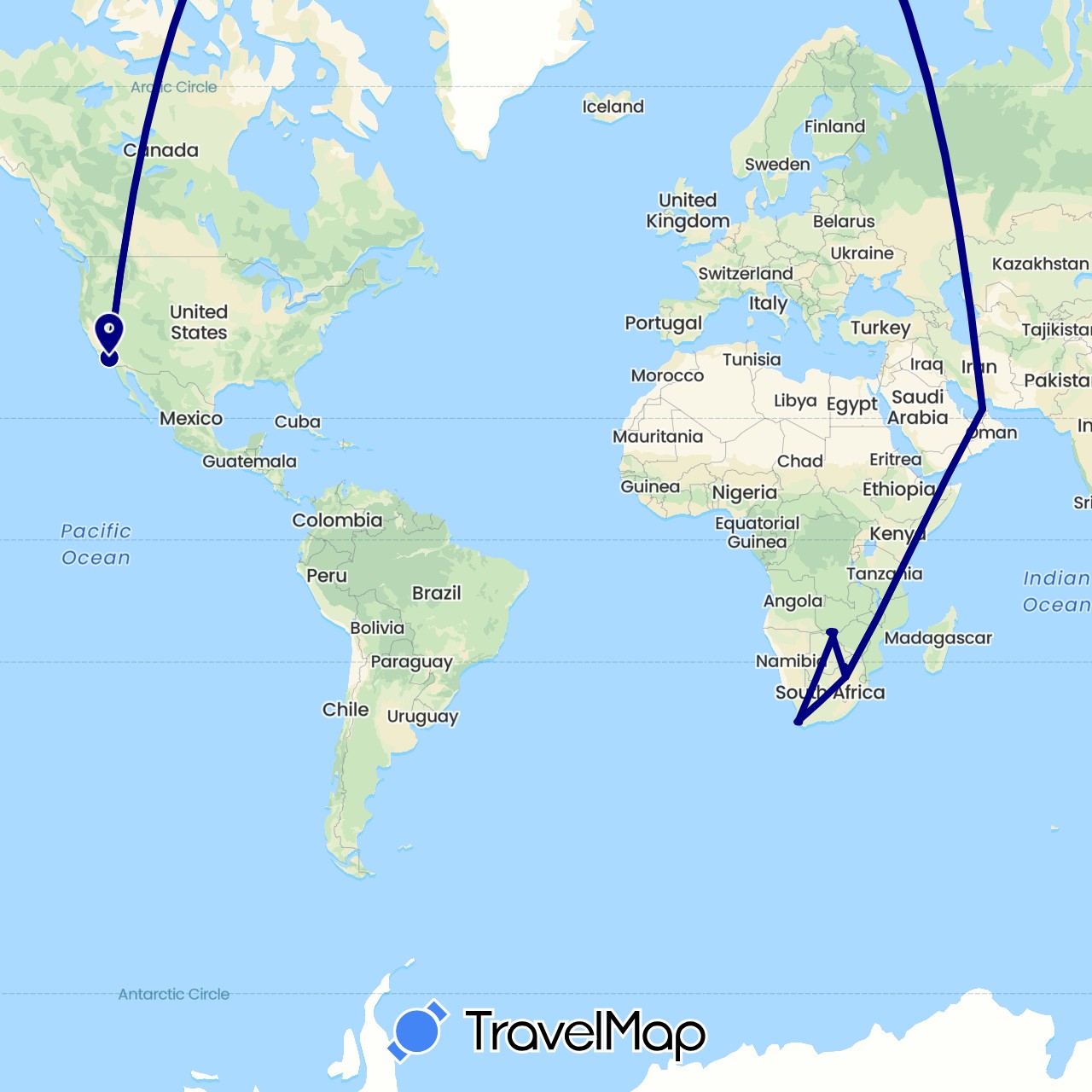 TravelMap itinerary: driving in United Arab Emirates, Botswana, United States, South Africa, Zimbabwe (Africa, Asia, North America)