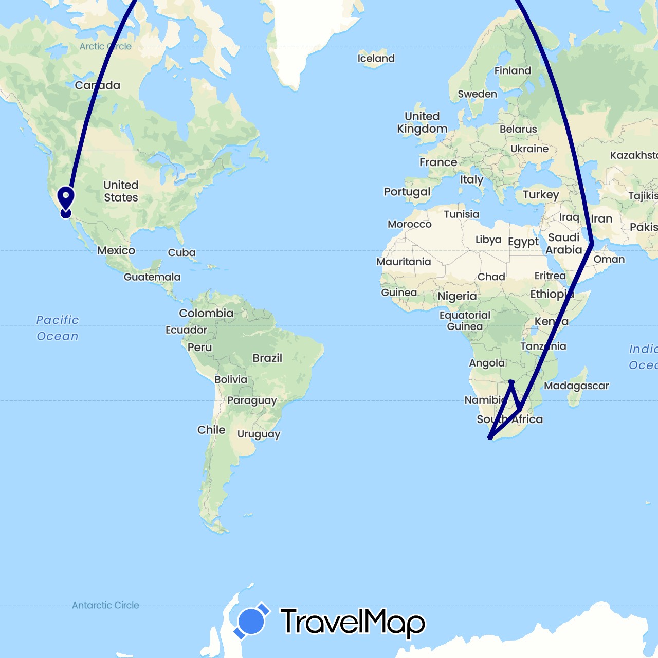 TravelMap itinerary: driving in Botswana, Qatar, United States, South Africa, Zimbabwe (Africa, Asia, North America)