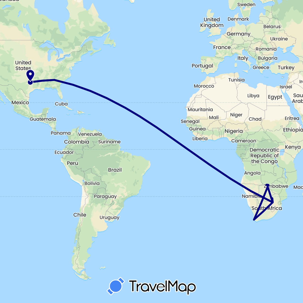 TravelMap itinerary: driving in Botswana, United States, South Africa, Zimbabwe (Africa, North America)