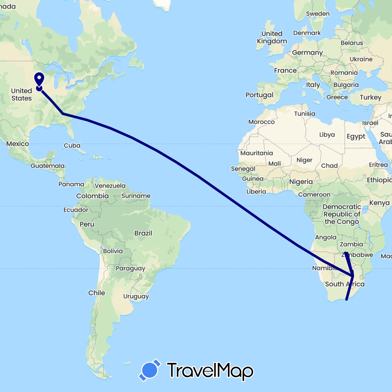 TravelMap itinerary: driving in Botswana, Namibia, United States, South Africa, Zimbabwe (Africa, North America)