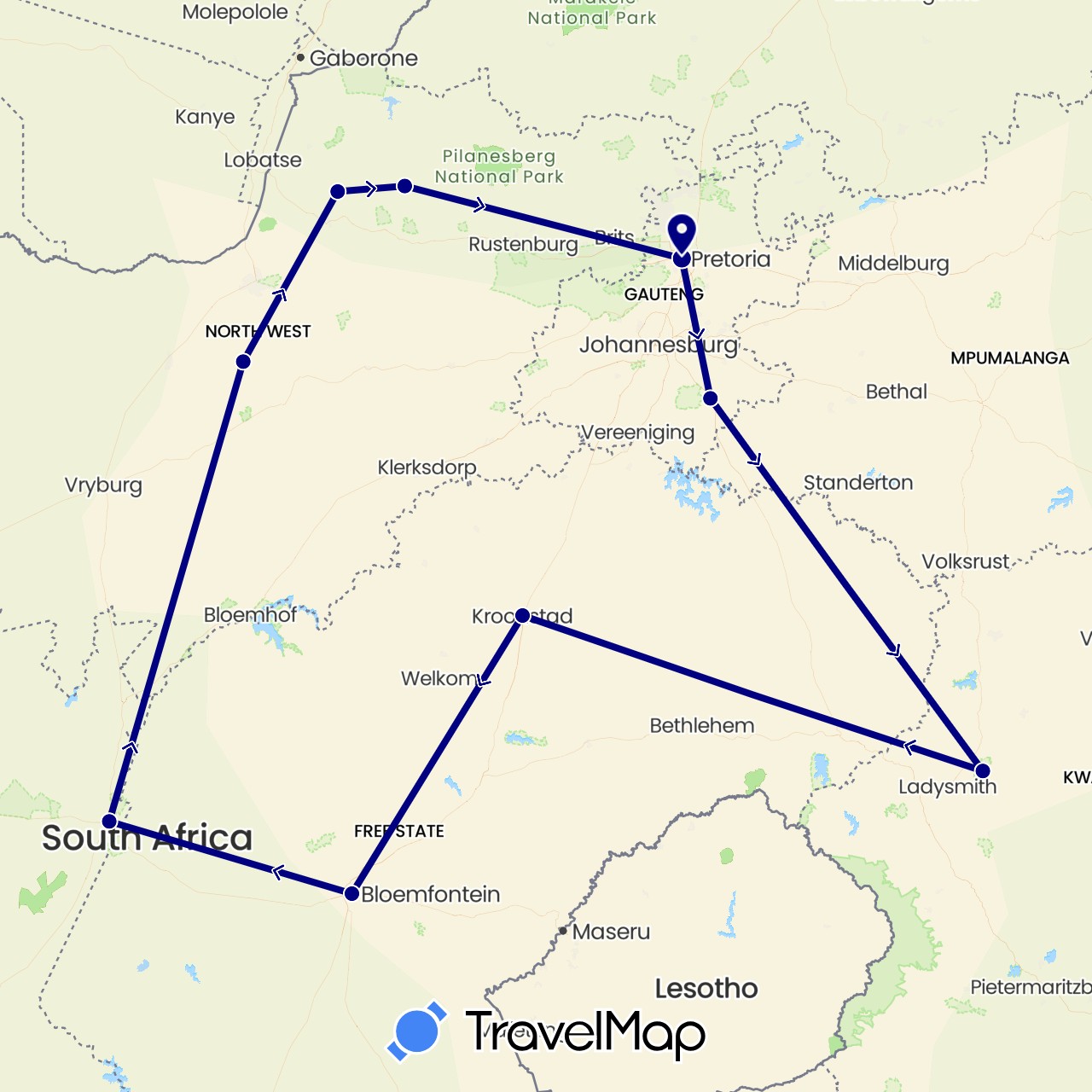 TravelMap itinerary: driving in South Africa (Africa)
