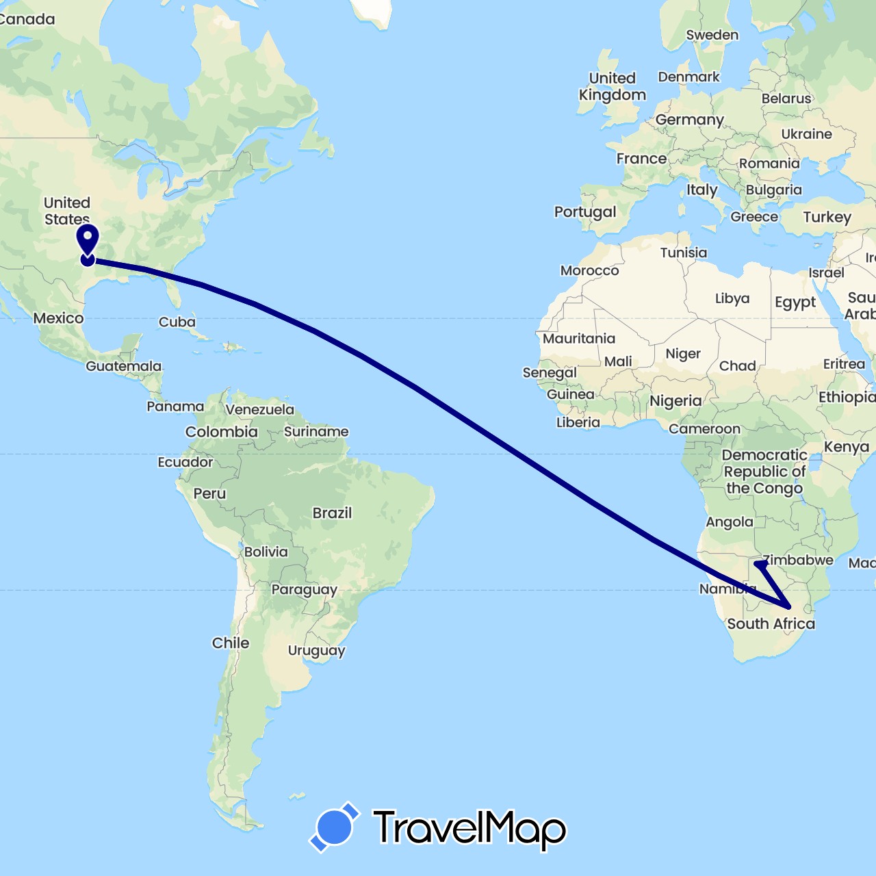 TravelMap itinerary: driving in Botswana, United States, South Africa (Africa, North America)