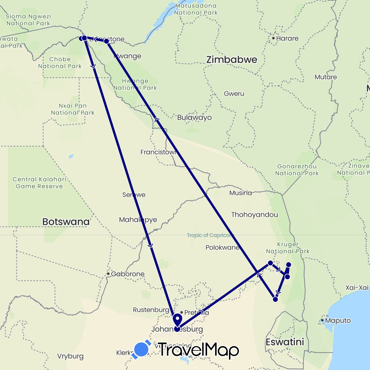 TravelMap itinerary: driving in Botswana, South Africa, Zimbabwe (Africa)