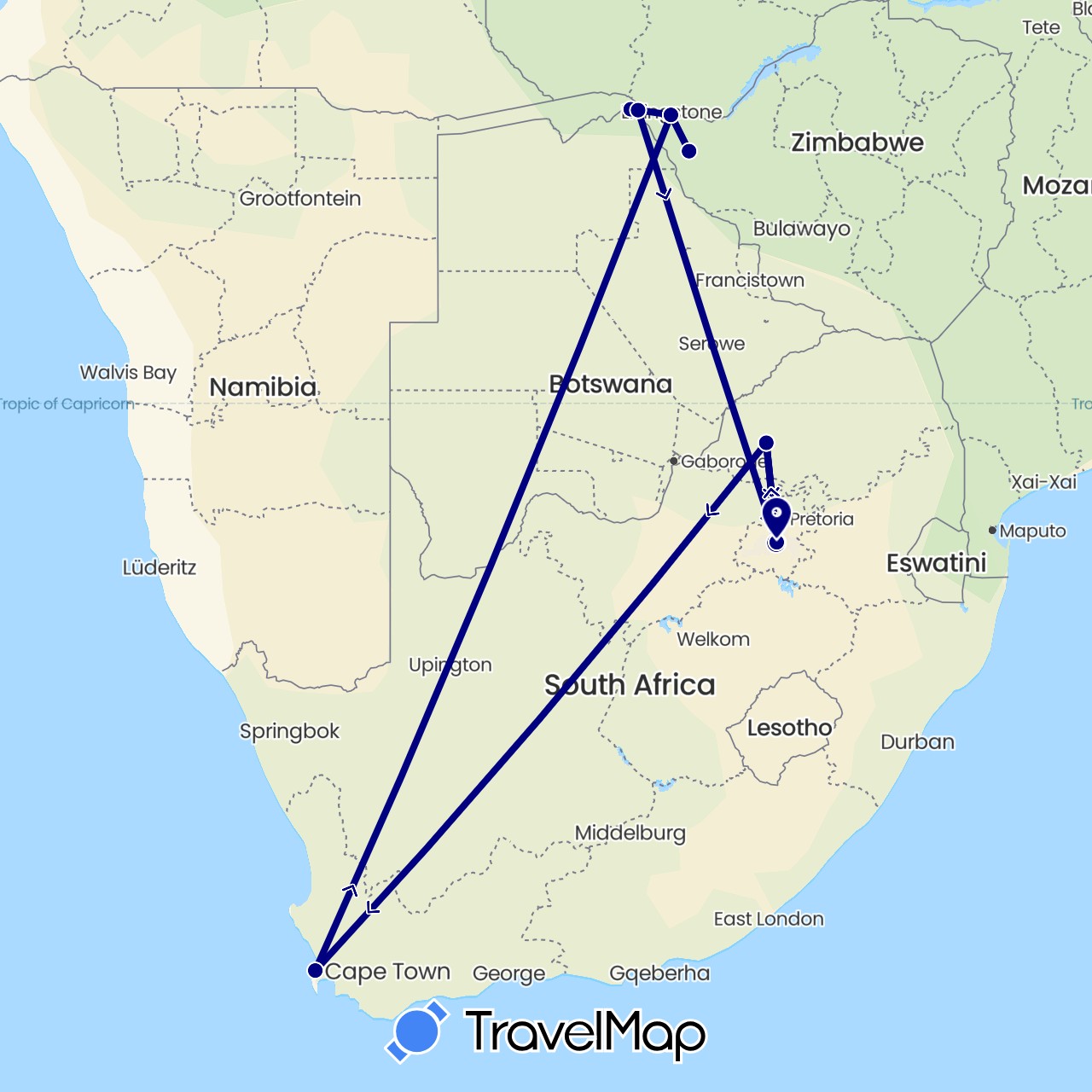 TravelMap itinerary: driving in Botswana, South Africa, Zimbabwe (Africa)