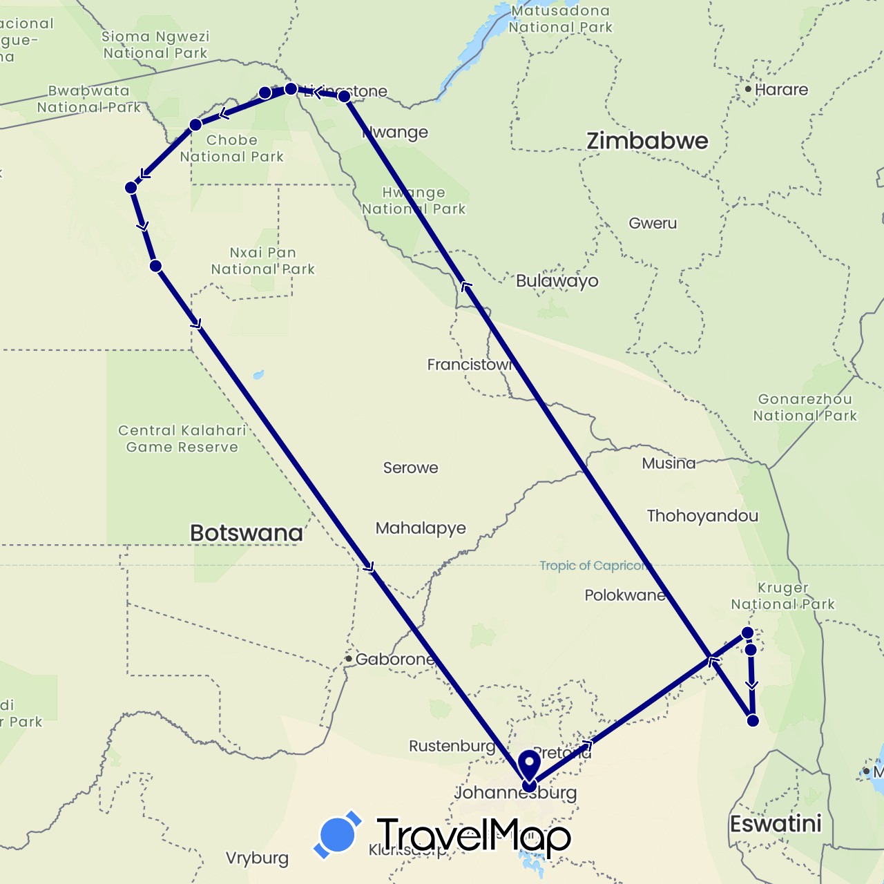 TravelMap itinerary: driving in Botswana, South Africa, Zimbabwe (Africa)