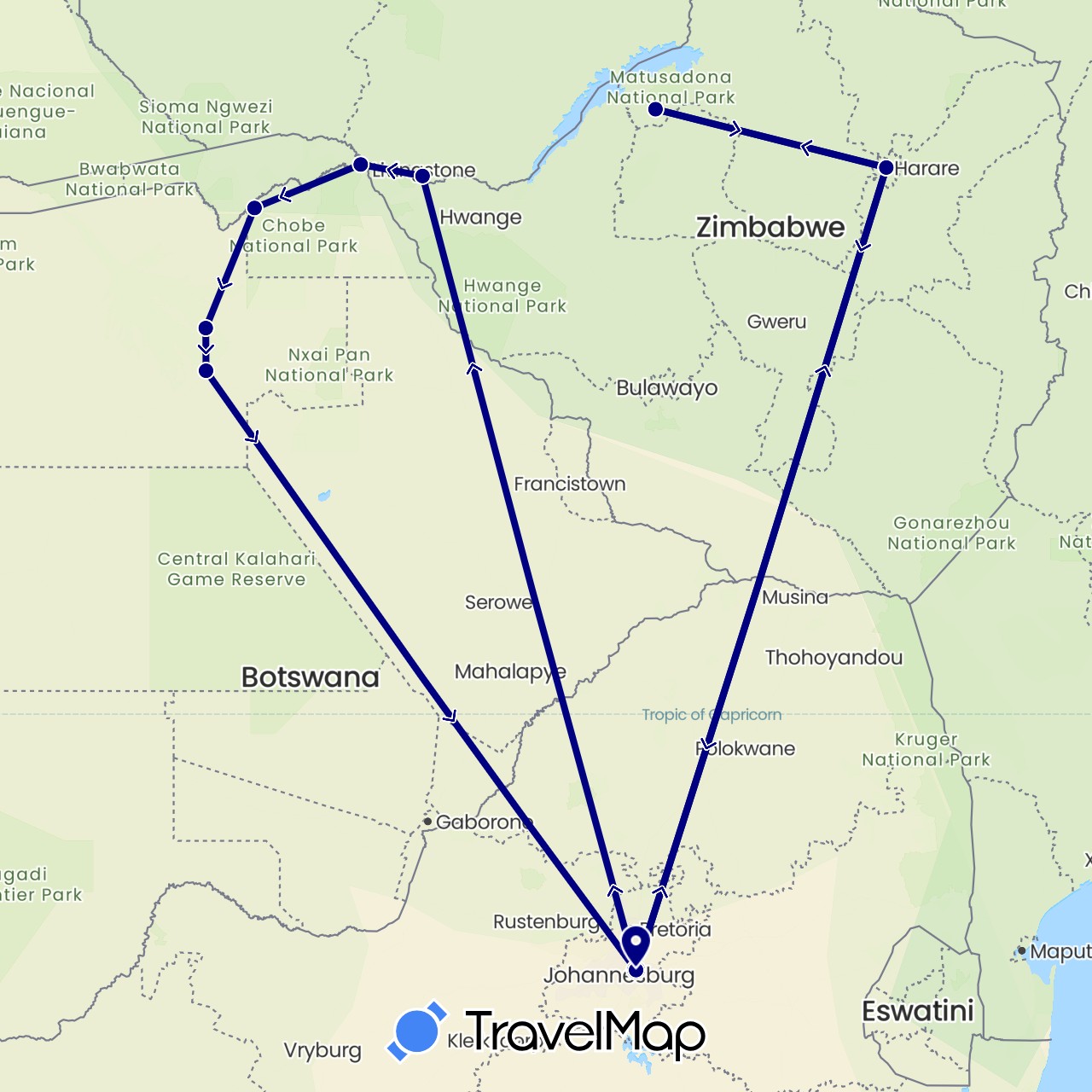 TravelMap itinerary: driving in Botswana, Namibia, South Africa, Zimbabwe (Africa)