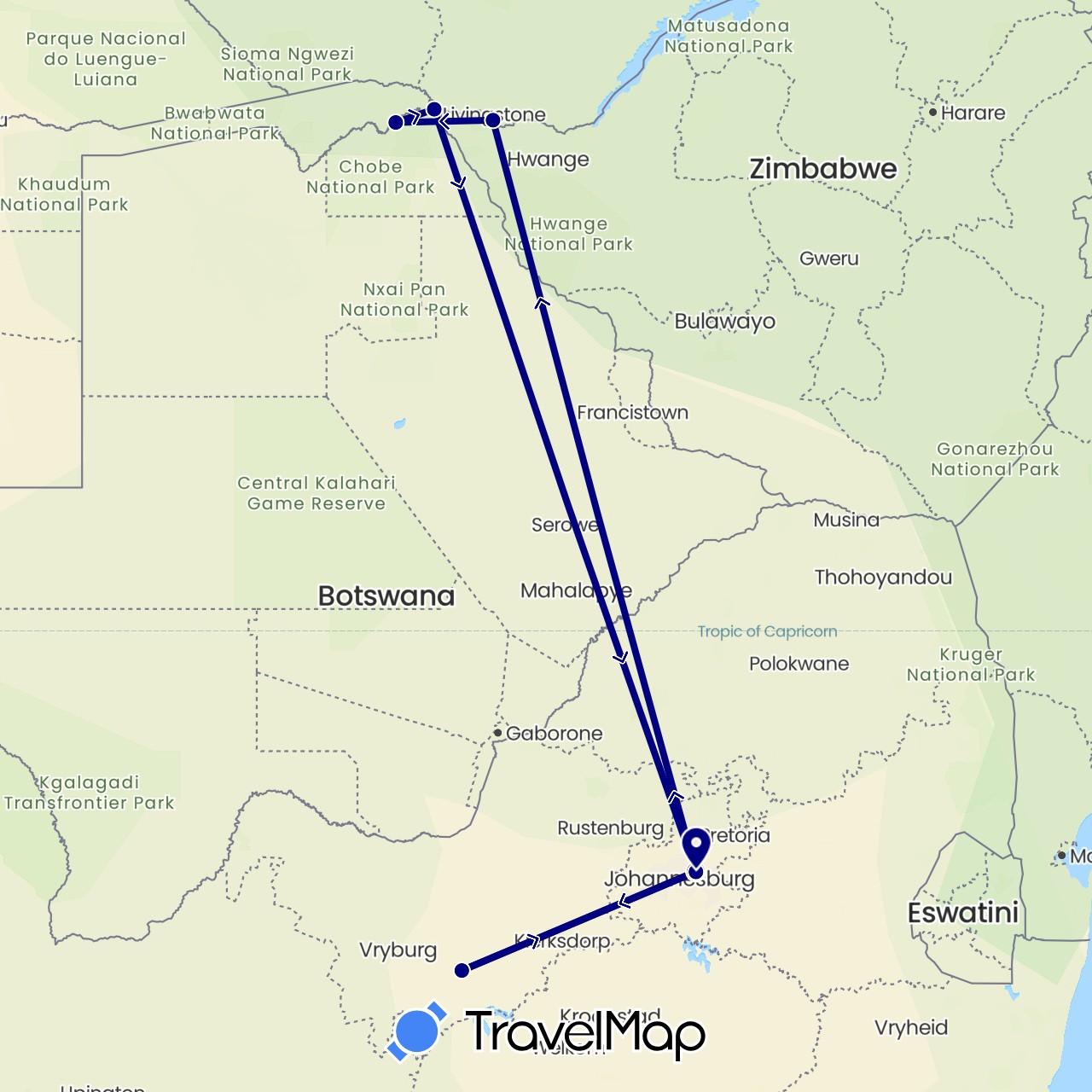 TravelMap itinerary: driving in Botswana, South Africa, Zimbabwe (Africa)