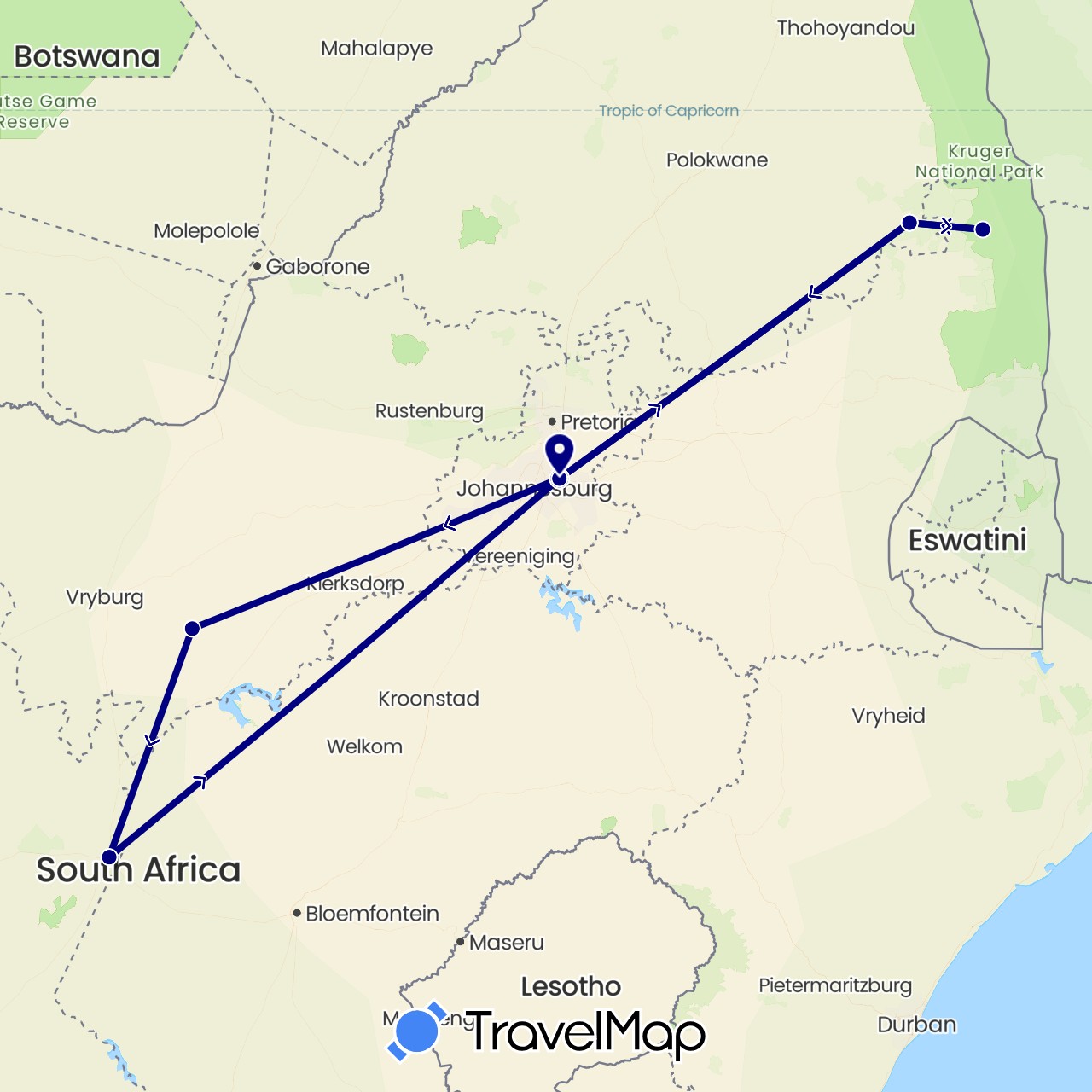TravelMap itinerary: driving in South Africa (Africa)