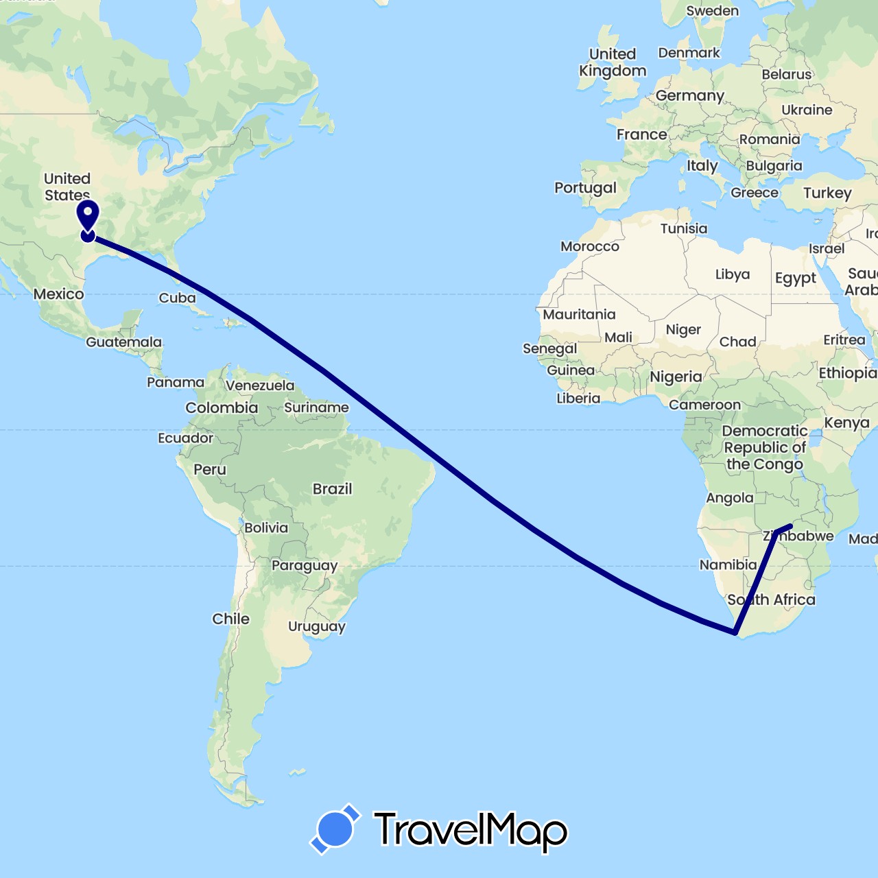 TravelMap itinerary: driving in United States, South Africa, Zimbabwe (Africa, North America)