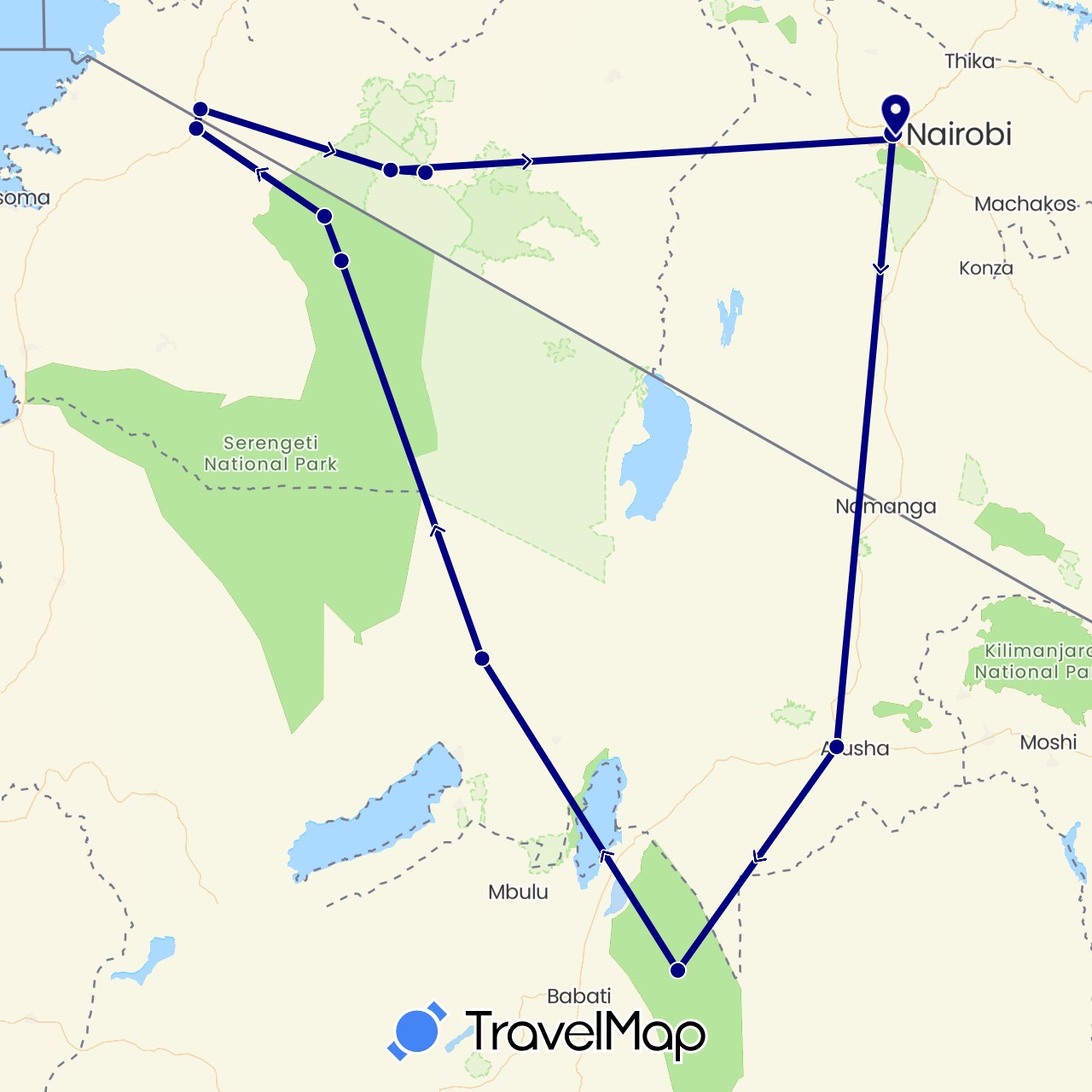 TravelMap itinerary: driving in Kenya, Tanzania (Africa)