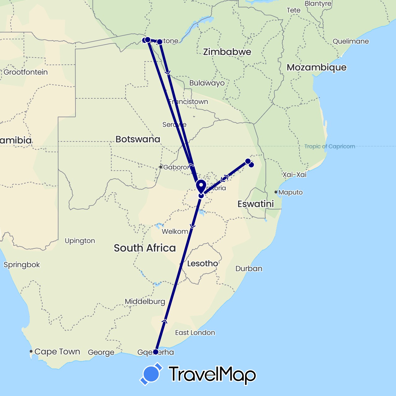 TravelMap itinerary: driving in Botswana, South Africa, Zimbabwe (Africa)