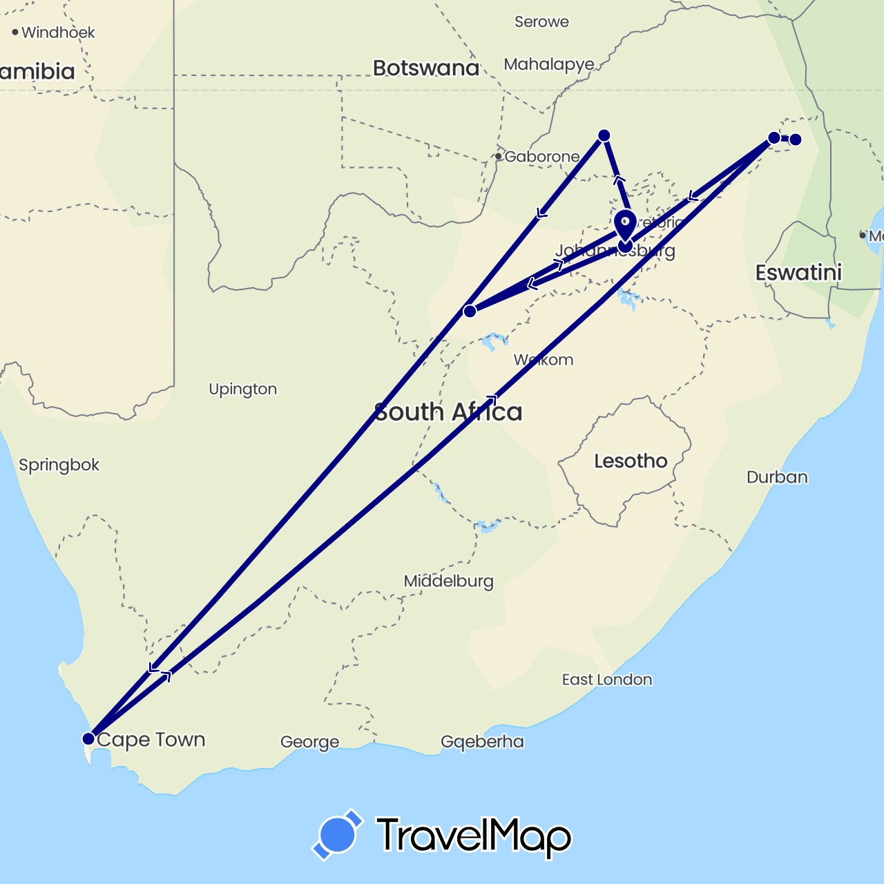TravelMap itinerary: driving in South Africa (Africa)