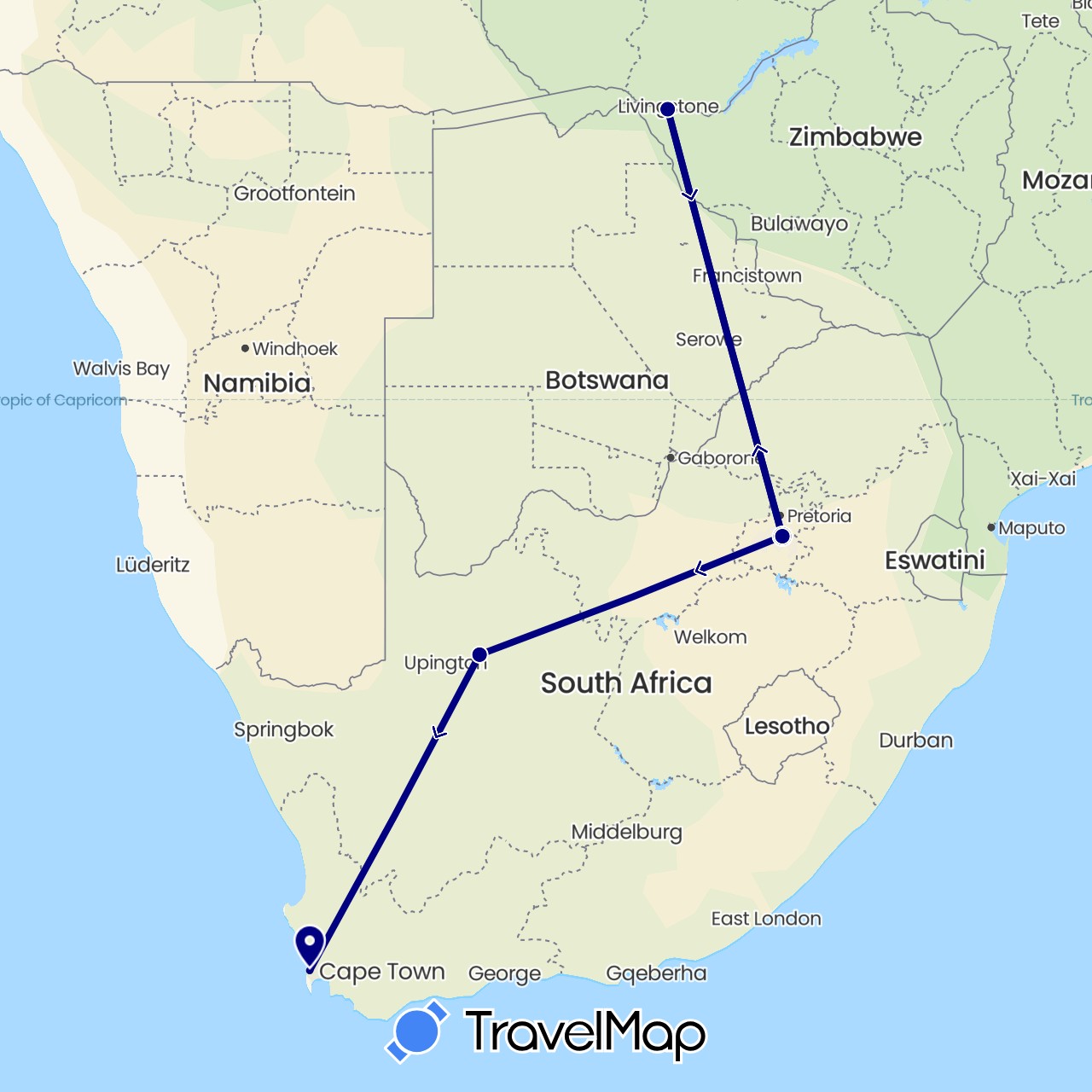 TravelMap itinerary: driving in Botswana, South Africa, Zimbabwe (Africa)