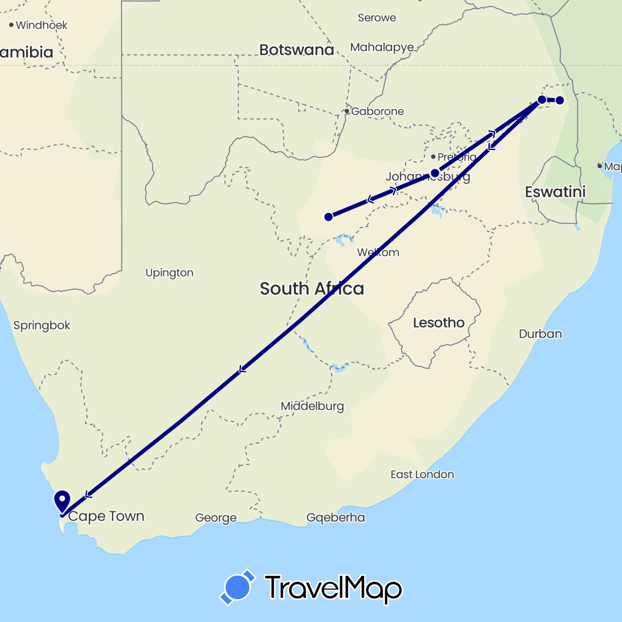 TravelMap itinerary: driving in South Africa (Africa)