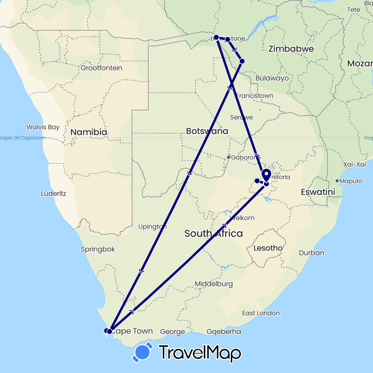 TravelMap itinerary: driving in Botswana, Namibia, South Africa, Zimbabwe (Africa)