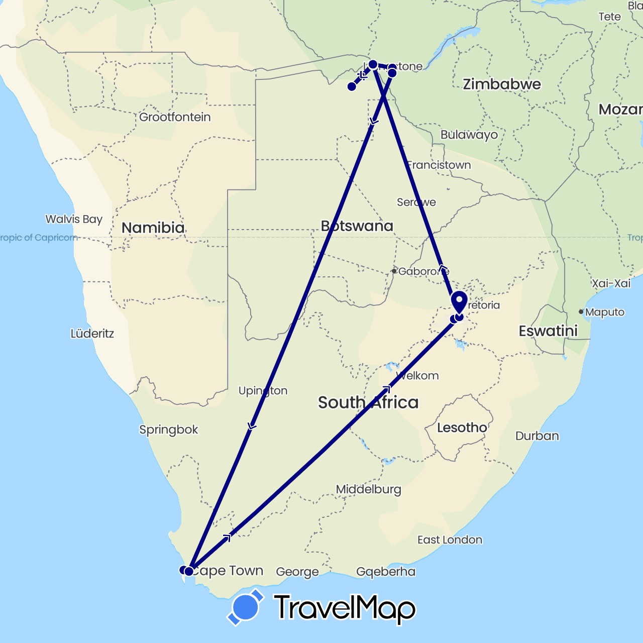 TravelMap itinerary: driving in Botswana, South Africa, Zimbabwe (Africa)